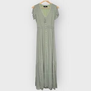 Lulus Sage Green Swiss Dot Maxi Dress XXS Button Front V-Neck Cottagecore